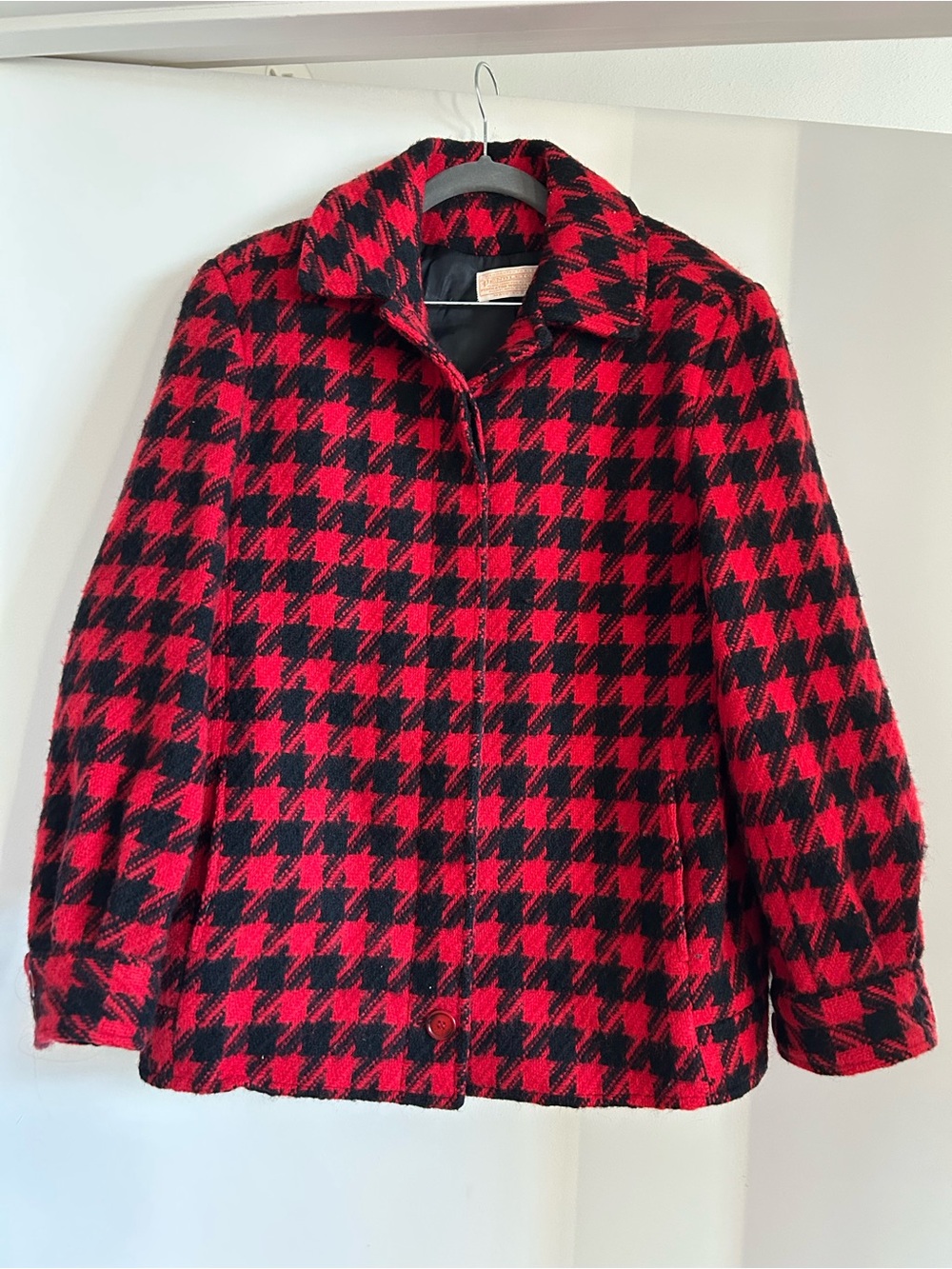 Vintage Pendleton Red and Black Houndstooth Wool Pea Coat